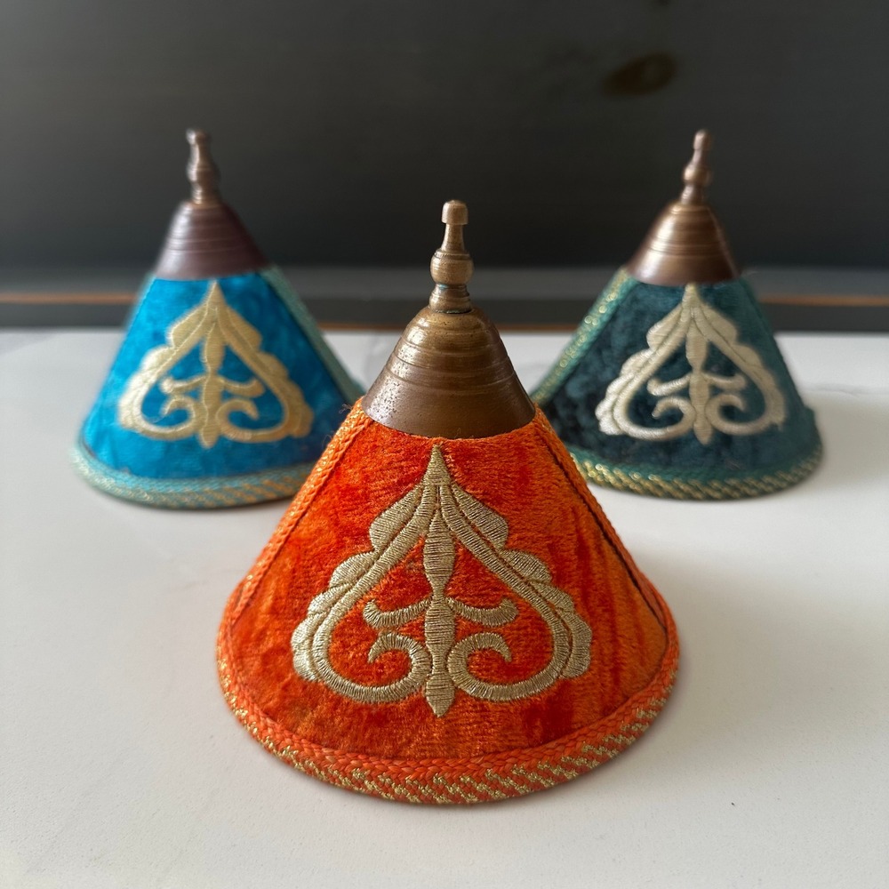 Vintage Velvet Tajine Decorative Covers Lid Gold Embroidery Set of 3 Orange Blue